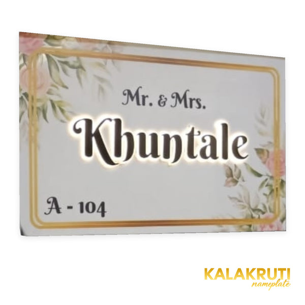 Mr. & Mrs. Khuntale A-104 floral acrylic LED nameplate - original alternate angle LED on