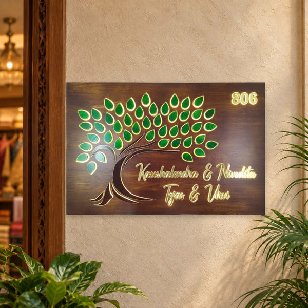 Kaushalendra & Nivedita 806 tree design wooden LED nameplate - installed view