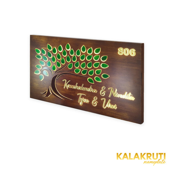 Kaushalendra & Nivedita 806 tree design wooden LED nameplate - right view with green mirrored leaves