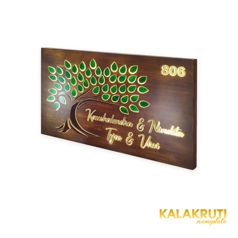 Kaushalendra & Nivedita 806 tree design wooden LED nameplate - right view with green mirrored leaves