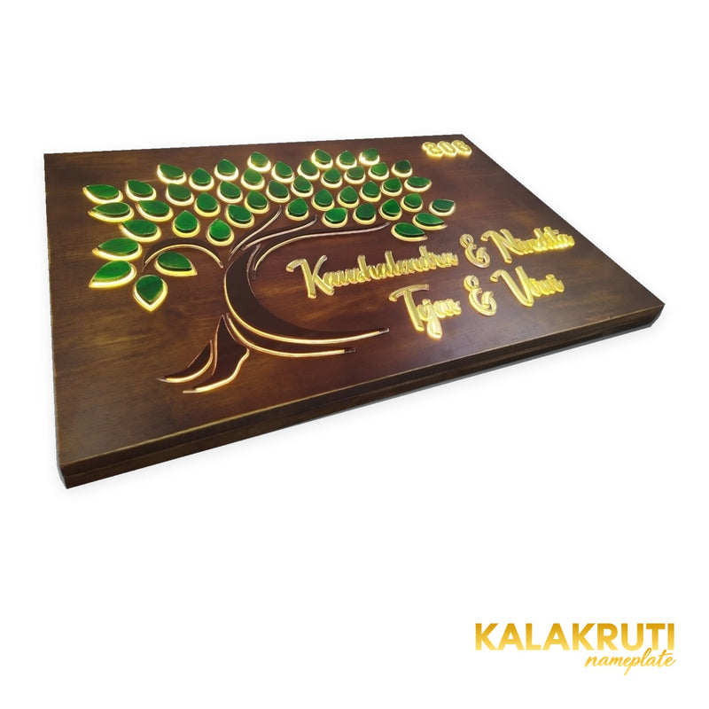 Kaushalendra & Nivedita 806 tree design wooden LED nameplate - left low view showing raised leaf details