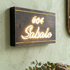 Sabale 604 wooden LED nameplate with gold script and border strips - installed LED on