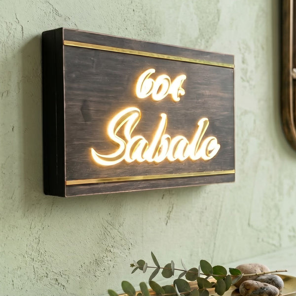 Sabale 604 wooden LED nameplate with gold script and border strips - installed LED on