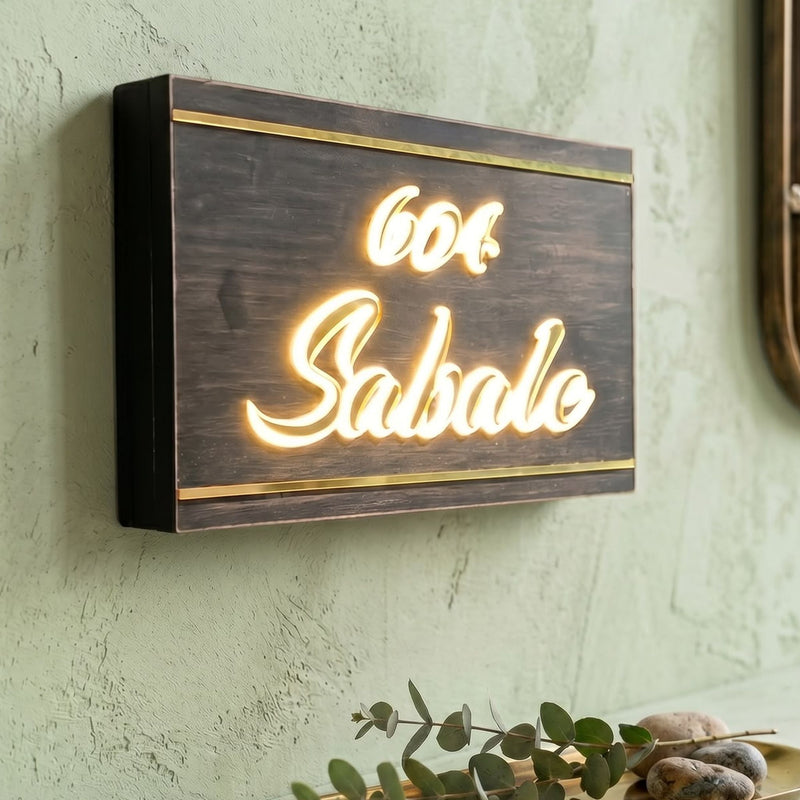 Sabale 604 wooden LED nameplate with gold script and border strips - installed LED on