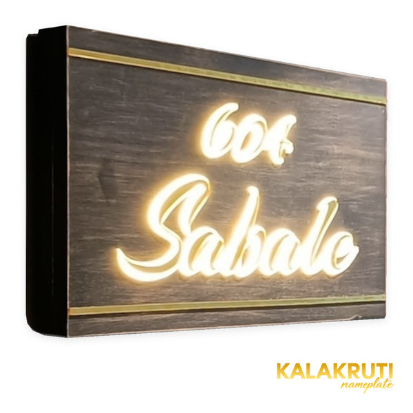Sabale 604 wooden LED nameplate with gold script and border strips - left angle LED on