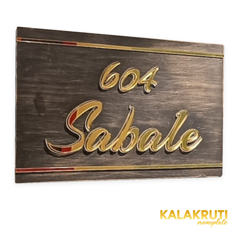 Sabale 604 wooden LED nameplate with gold script and border strips - left angle LED off
