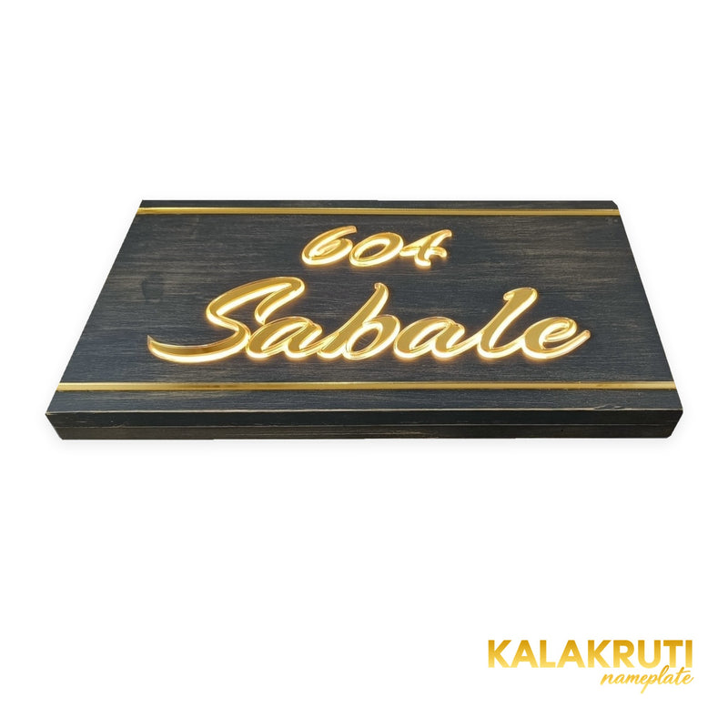 Sabale 604 wooden LED nameplate with gold script and border strips - low angle