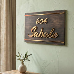 Sabale 604 wooden LED nameplate with gold script and border strips - installed LED off