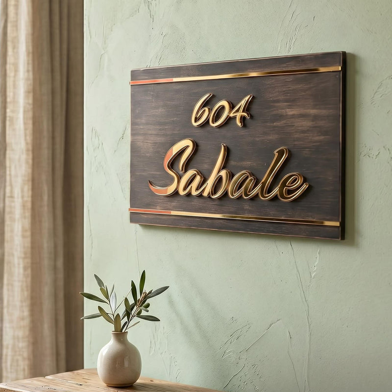 Sabale 604 wooden LED nameplate with gold script and border strips - installed LED off