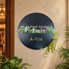 Mr. Mahesh Zambare A-904 round black floral planter nameplate - installed