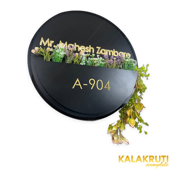 Mr. Mahesh Zambare A-904 round black floral planter nameplate - right angle