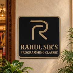 KKLEDN0026 Rahul Sir's Programming Classes square black and gold LED sign without bracket - Installed square sign LED off
