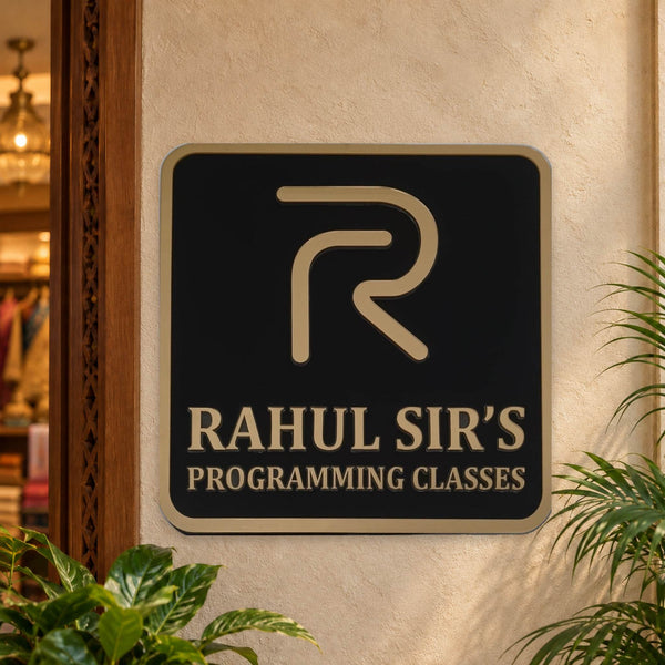 KKLEDN0026 Rahul Sir's Programming Classes square black and gold LED sign without bracket - Installed square sign LED off