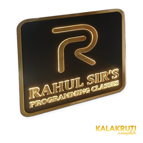 KKLEDN0026 Rahul Sir's Programming Classes square black and gold LED sign without bracket - Left angle LED on