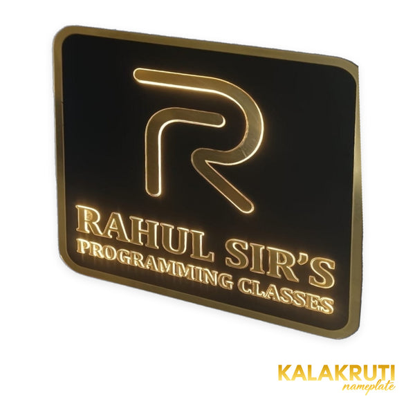 KKLEDN0026 Rahul Sir's Programming Classes square black and gold LED sign without bracket - Right angle LED on