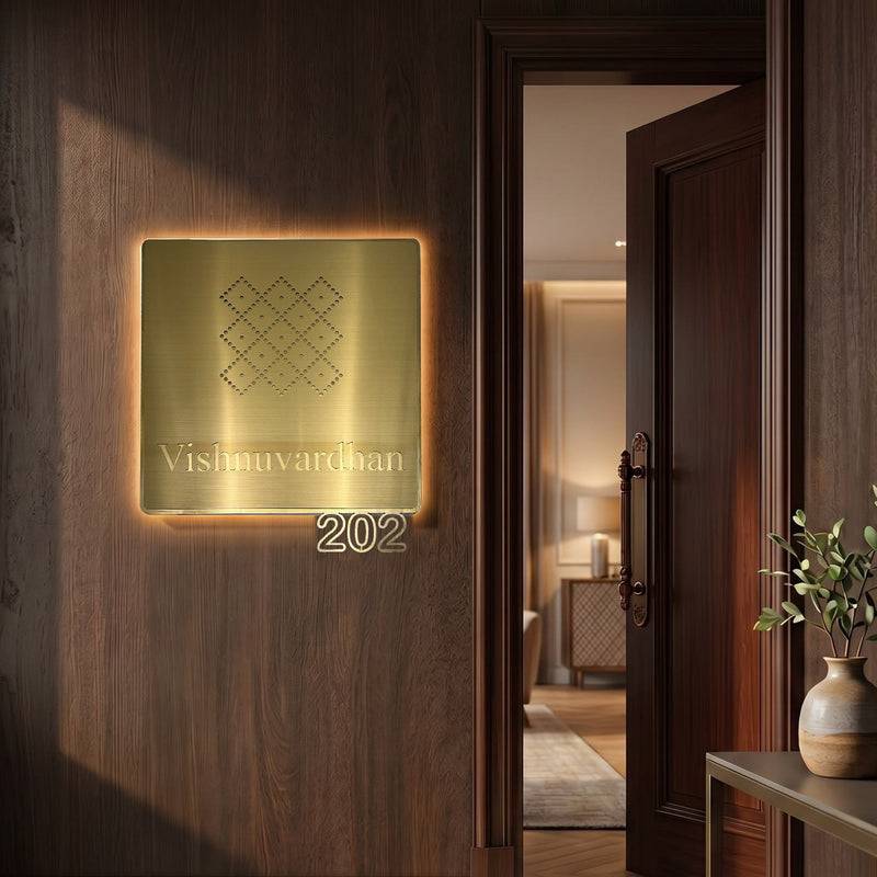 KKLEDN0030 Vishnuvardhan 202 brushed gold LED nameplate - Installed warm backlight