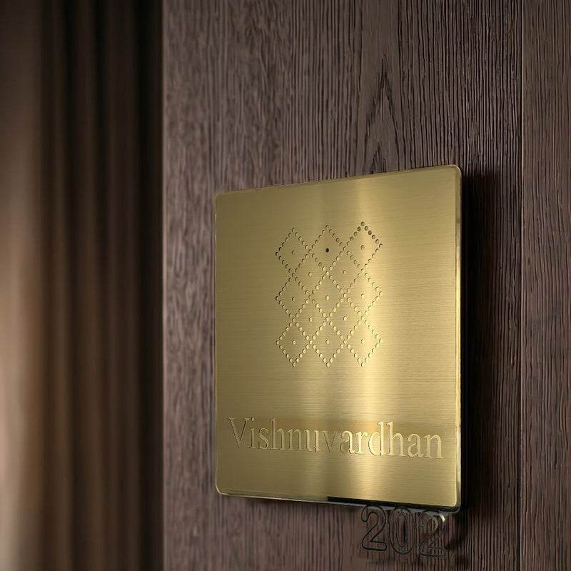 KKLEDN0030 Vishnuvardhan 202 brushed gold LED nameplate - Installed alternate angle
