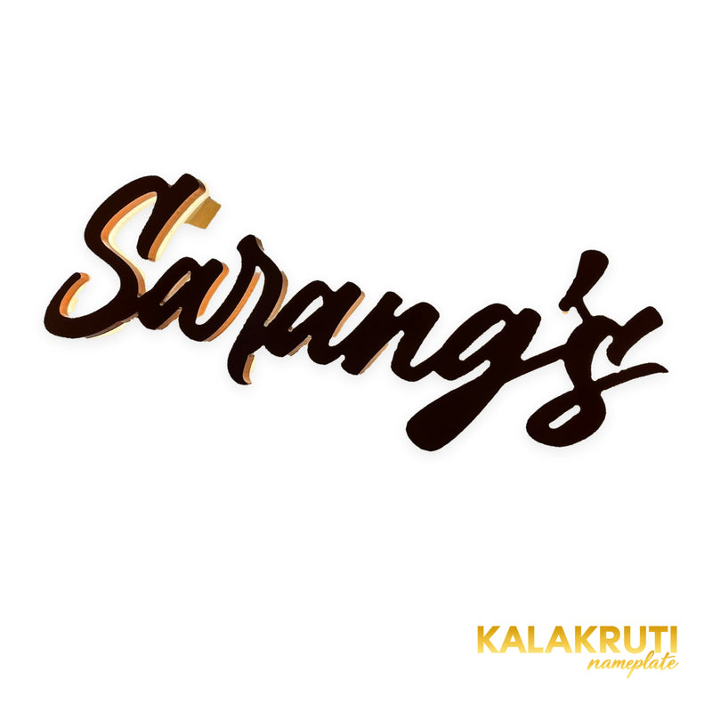 Sarang's copper-colour LED script nameplate - Right angle LED on - KKLEDN0034