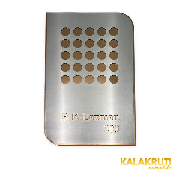 R K Laxman 203 silver brushed metal LED nameplate — Front silver face