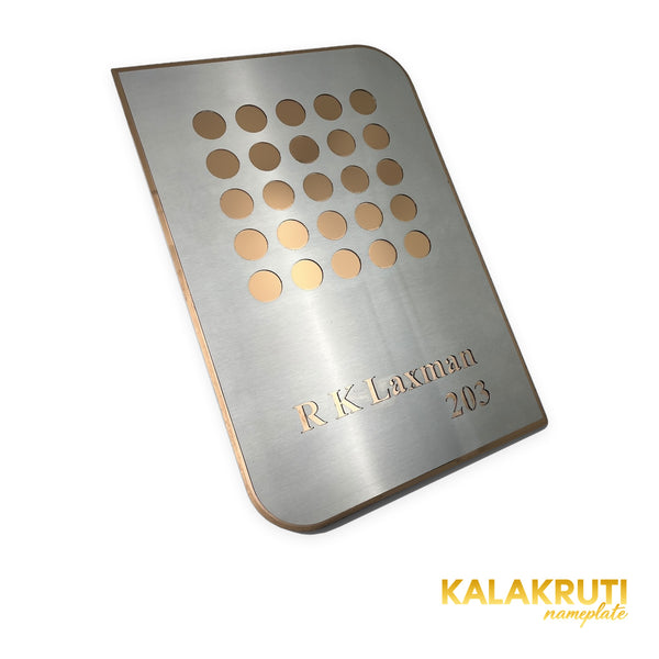 R K Laxman 203 silver brushed metal LED nameplate — Left angle silver face