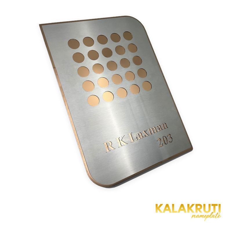 R K Laxman 203 silver brushed metal LED nameplate — Left angle silver face