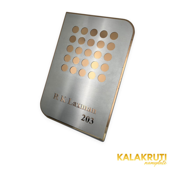 R K Laxman 203 silver brushed metal LED nameplate — Right angle silver face