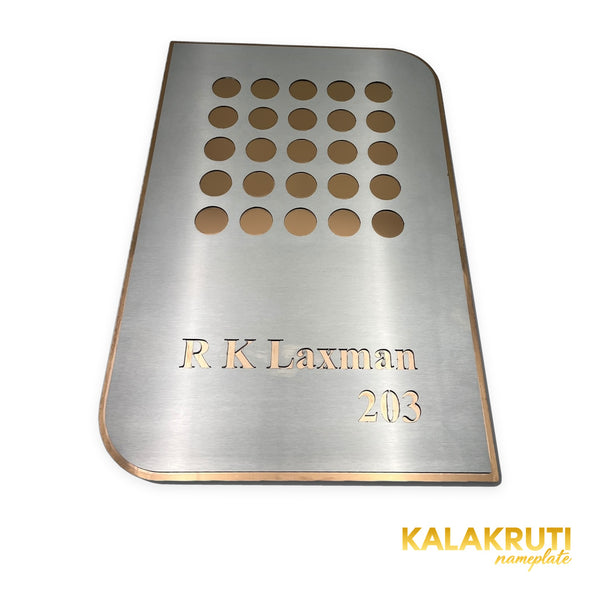 R K Laxman 203 silver brushed metal LED nameplate — Low angle silver face