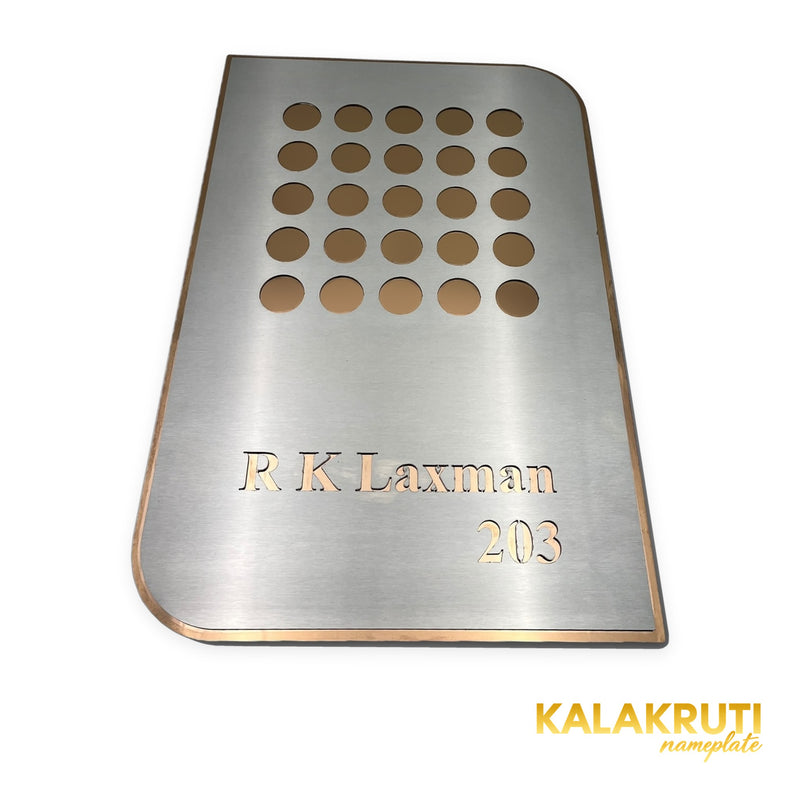 R K Laxman 203 silver brushed metal LED nameplate — Low angle silver face