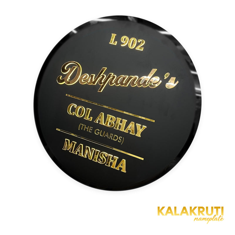 KKLEDN0038 Deshpande's Col Abhay Manisha L 902 round black nameplate - Right angle