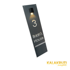 KKLEDN0039 Badri's House 3 vertical nameplate with downlight - Left angle light on