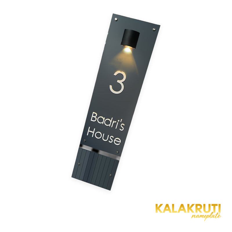 KKLEDN0039 Badri's House 3 vertical nameplate with downlight - Right angle light on