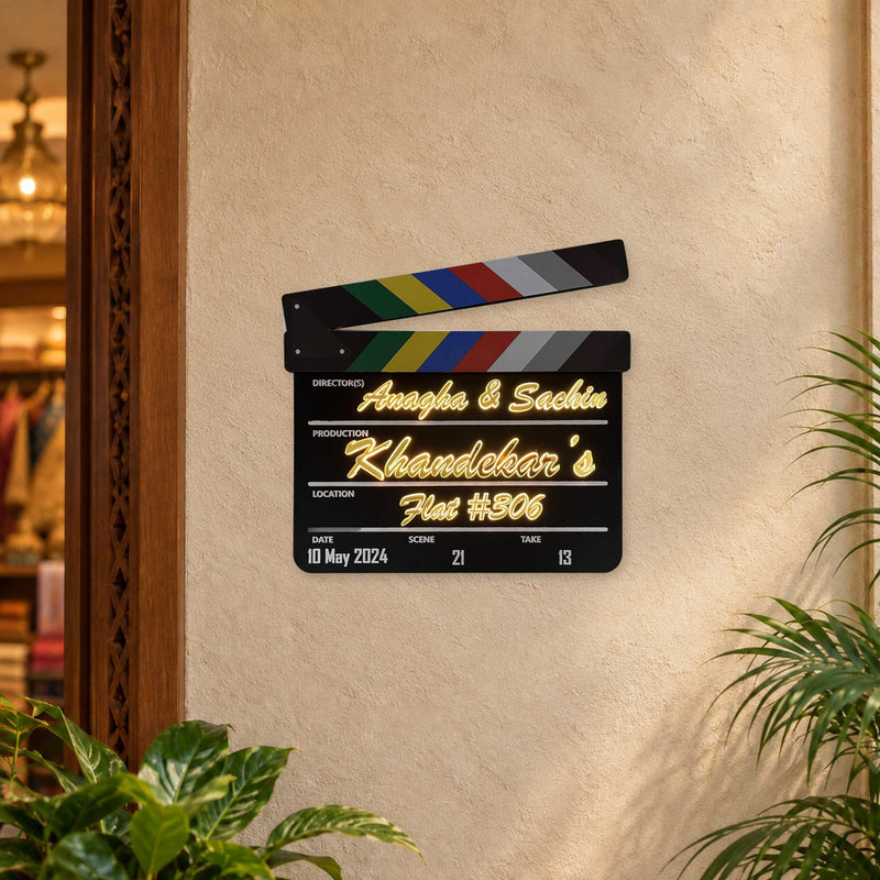 Anagha & Sachin Khandekar’s Flat #306 clapperboard LED nameplate — Installed LED on