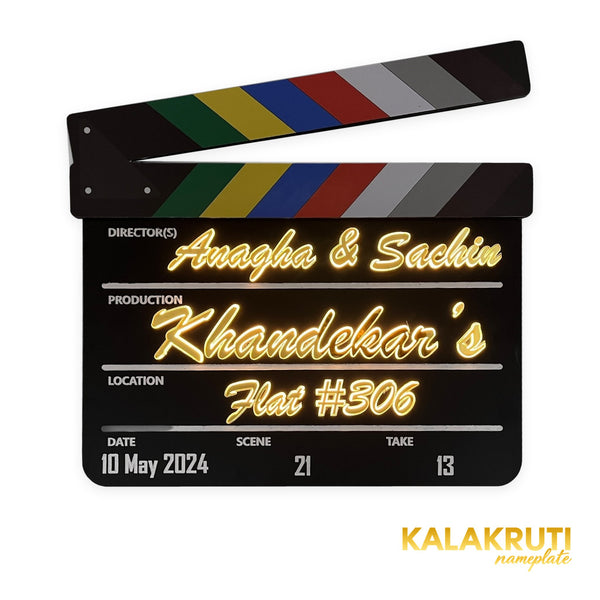 Anagha & Sachin Khandekar’s Flat #306 clapperboard LED nameplate — Front LED on
