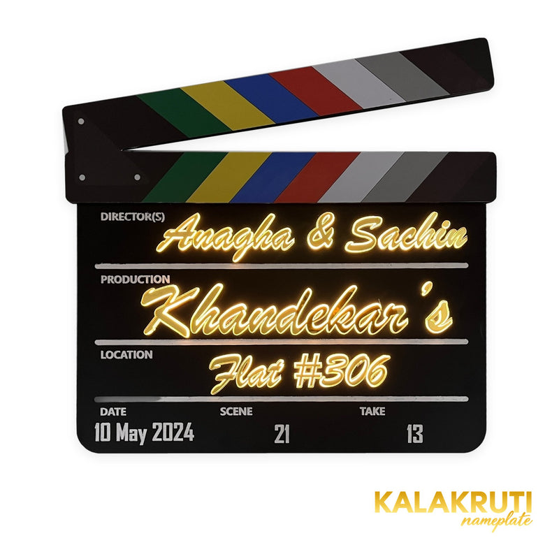 Anagha & Sachin Khandekar’s Flat #306 clapperboard LED nameplate — Front LED on