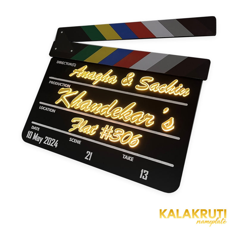 Anagha & Sachin Khandekar’s Flat #306 clapperboard LED nameplate — Right angle LED on