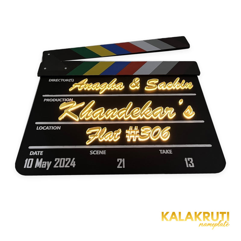 Anagha & Sachin Khandekar’s Flat #306 clapperboard LED nameplate — Low angle LED on