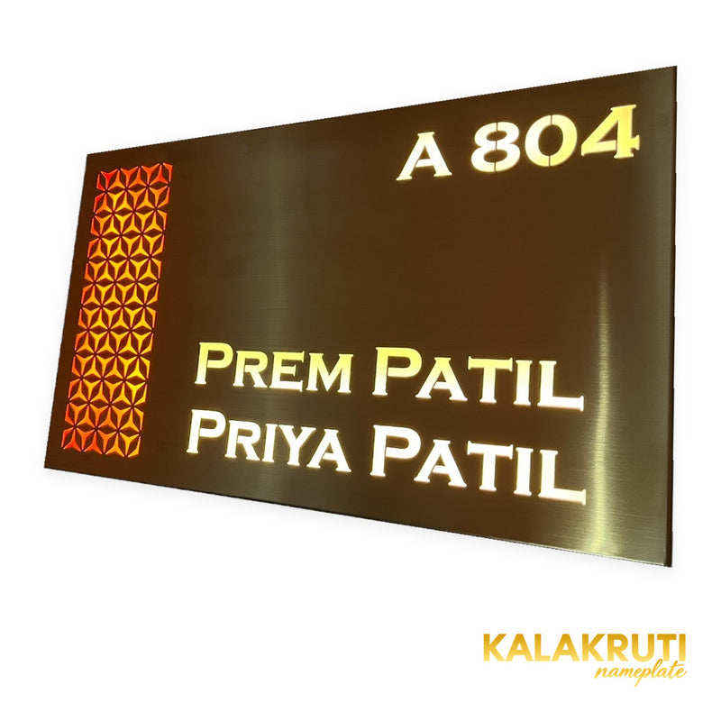 Prem Patil & Priya Patil A 804 copper-brown LED nameplate — Right angle warm LED on