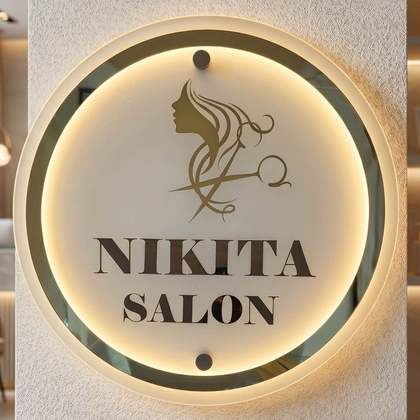 Nikita Salon round layered LED sign — Supplied installed salon scene, warm LED on