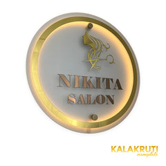 Nikita Salon round layered LED sign — Left angle warm LED on
