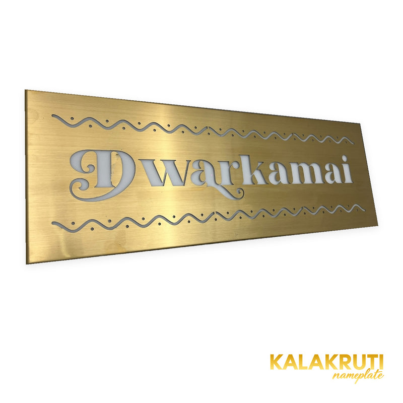Dwarkamai brushed brass-gold LED nameplate — Left angle LED off