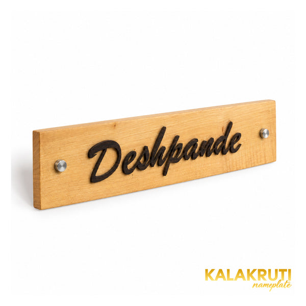Deshpande light wooden nameplate, left angle