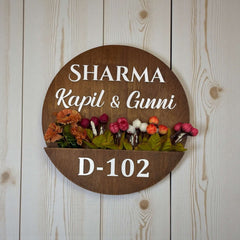Sharma round wooden planter nameplate, hero