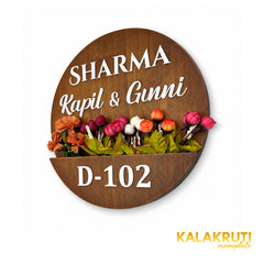 Sharma round wooden planter nameplate, left angle