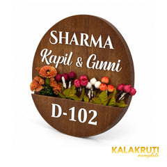 Sharma round wooden planter nameplate, right angle