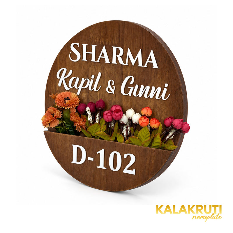 Sharma round wooden planter nameplate, right angle