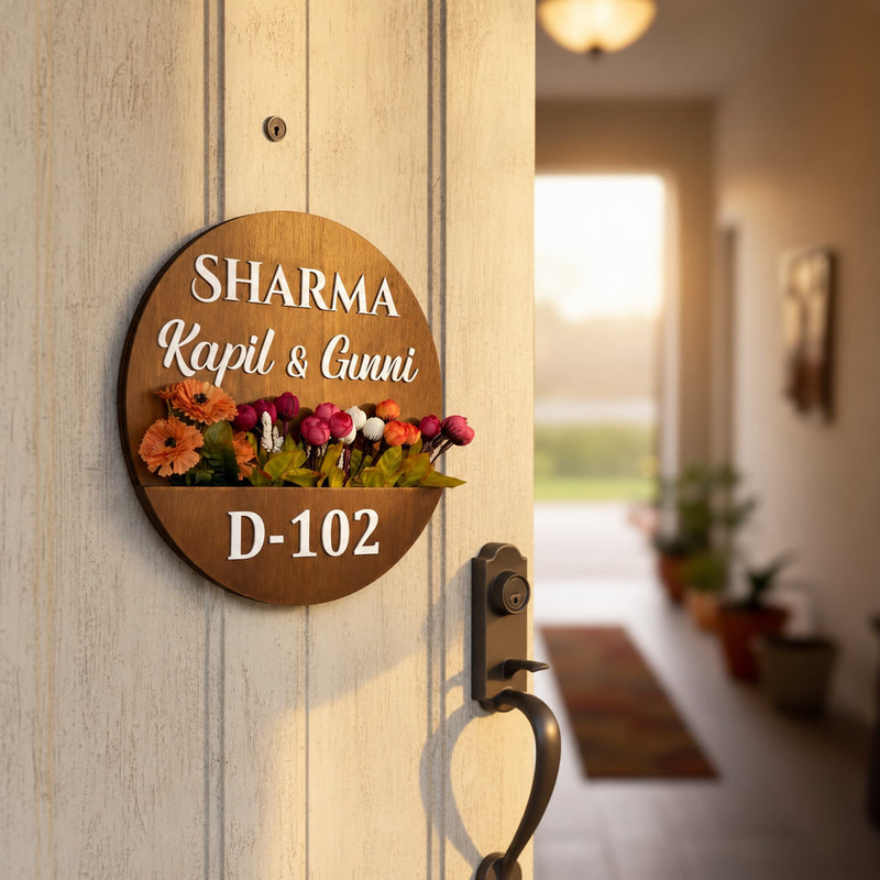 Sharma round wooden planter nameplate, extra installed