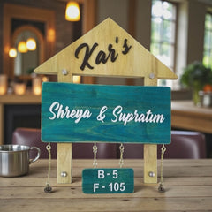 Natural Wood and Teal House Nameplate — Kar’s / Shreya & Supratim — hero (KKWN0022_A)