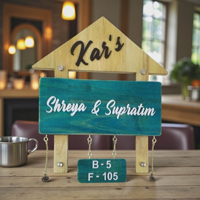 Natural Wood and Teal House Nameplate — Kar’s / Shreya & Supratim — hero (KKWN0022_A)