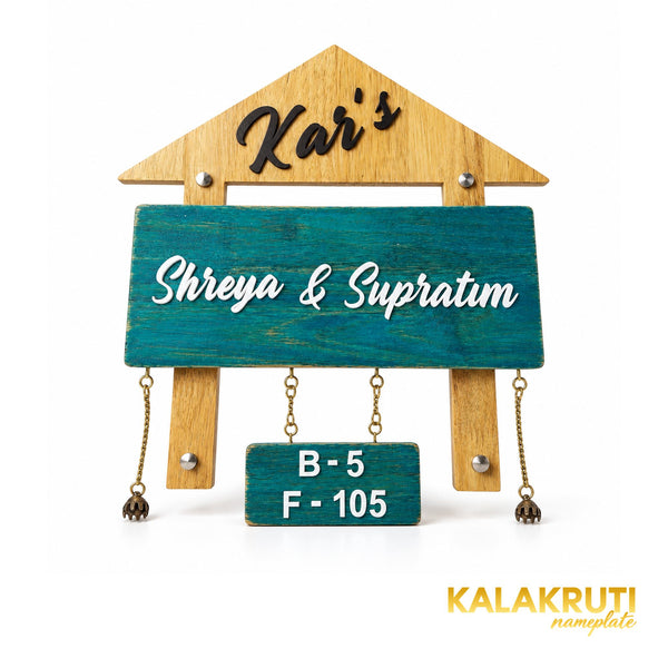 Natural Wood and Teal House Nameplate — Kar’s / Shreya & Supratim — front (KKWN0022_A)