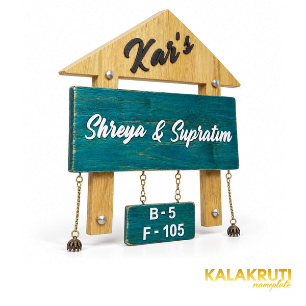 Natural Wood and Teal House Nameplate — Kar’s / Shreya & Supratim — left angle (KKWN0022_A)